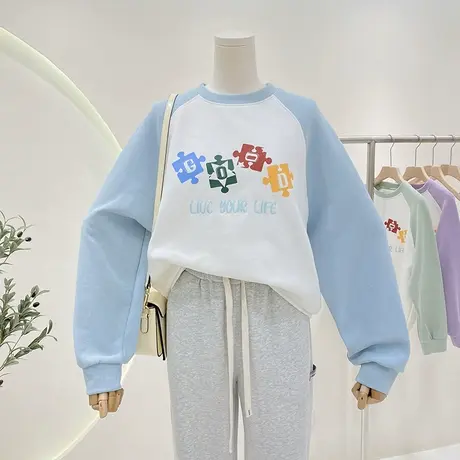 拼色插肩袖卫衣女2023年春秋新款复古oversize宽松潮牌上衣外套图片