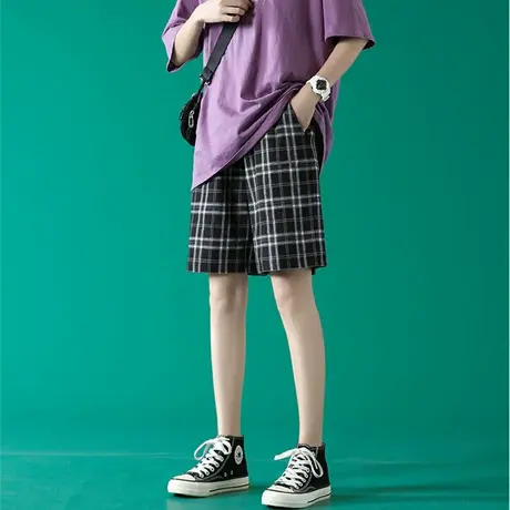 格子运动短裤女夏季薄款宽松休闲阔腿高腰直筒a字显瘦5五分裤中裤商品大图