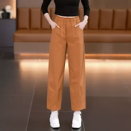 拉夏贝尔九分休闲直筒裤女2025早秋新款松紧腰花苞裤镰刀橘色裤子商品大图