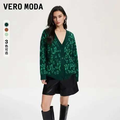 Vero Moda奥莱针织开衫女春秋新款宽松V领字母提花休闲毛衣上衣图片