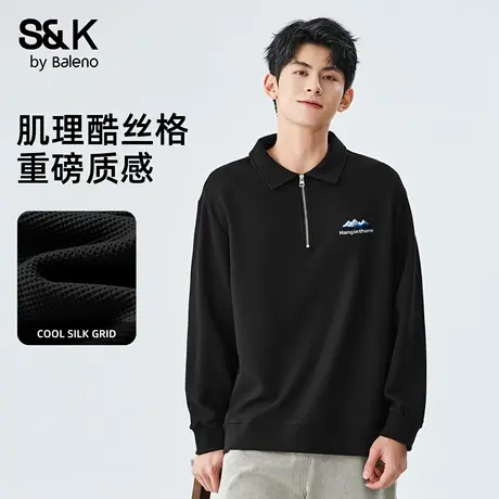 班尼路S&K酷丝格卫衣男2025秋季新款半开襟翻领外套黑色宽松长袖商品大图