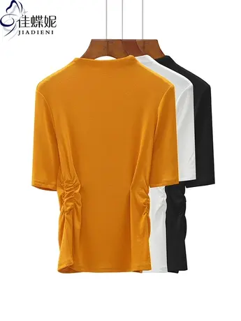 法式黑色薄款半高领打底衫正肩短袖女秋季修身高级感中袖内搭上衣商品大图