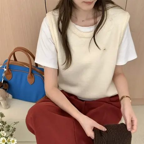 学院风针织马甲女秋季新款纯色圆领显瘦百搭无袖坎肩毛衣背心外穿商品大图