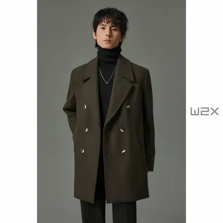 w2x秋冬季780g重磅短款羊毛呢大衣男垫肩时尚设计感妮子风衣外套商品大图