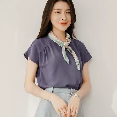 桔熊夏季通勤设计感不对称短袖凉爽雪纺衫套头上衣女大码AB18398商品大图