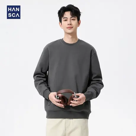 hansca美式复古纯色卫衣男秋季2025新款宽松圆领休闲百搭长袖上衣商品大图