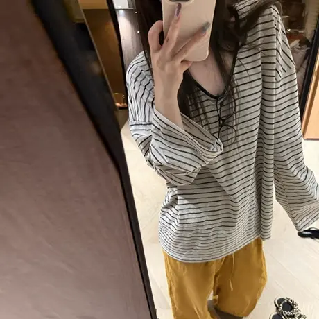 慵懒风条纹长袖T恤女2025春秋季新款内搭外穿打底衫宽松U领上衣潮商品大图