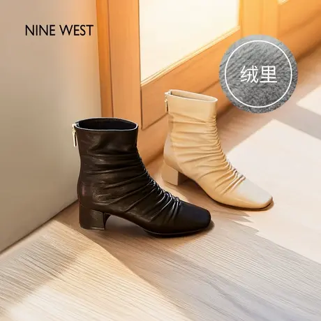 【商场同款】Nine West/玖熙靴子女冬加绒粗跟短靴方头瘦瘦靴棉鞋图片