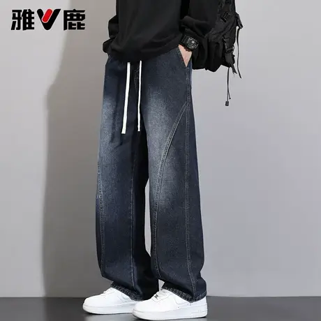 雅鹿宽松直筒牛仔裤男 2026春夏新款男青年时尚潮牌磨白弯刀长裤图片