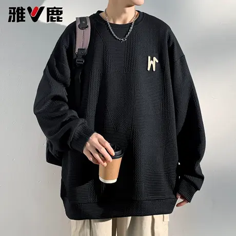 雅鹿港风圆领套头阔版卫衣2026春夏款男青年时尚潮牌休闲宽松外套商品大图