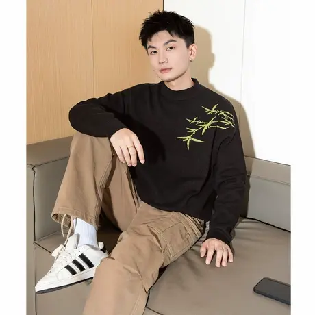 唐狮秋冬新款男士毛衣圆领中国风针织上衣黑色百搭宽松毛衫潮TE图片