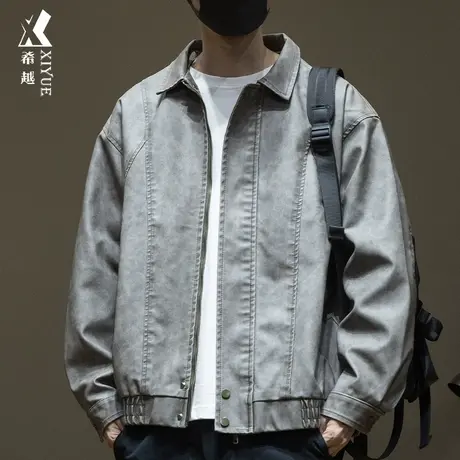 希越PU仿皮衣男士宽松大码美式工装风夹克外套男秋季新款翻领衬衣商品大图