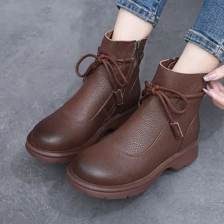 2023复古大码女靴41一43秋季新款真皮小皮鞋女英伦风短靴平底靴子图片