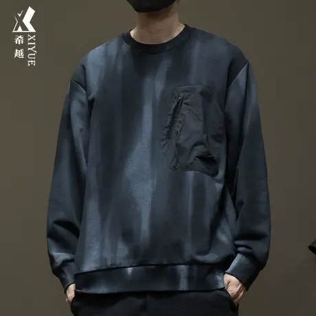 重磅350g蜡染卫衣男士秋季2023新款美式复古圆领长袖T恤口袋上衣图片