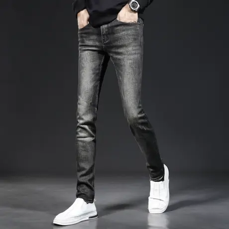 秋冬款牛仔裤男2023新款修身小脚深灰色韩版潮流弹力休闲男士裤子商品大图