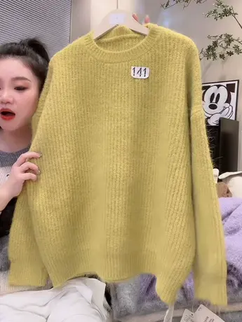 2023秋冬新款简约气质韩版宽松加厚保暖针织套头纯色毛衣百搭上衣商品大图