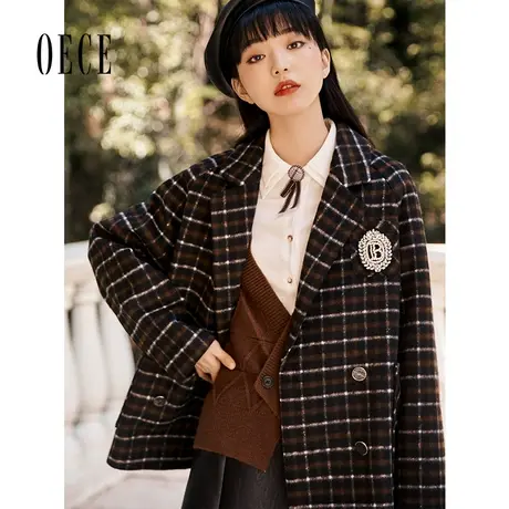 【买1送1】Oece复古格子毛呢外套冬季新款女装西装呢子大衣商品大图