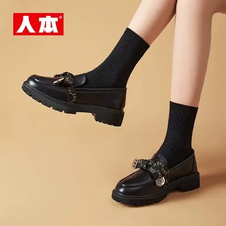 人本2023新款厚底小皮鞋女休闲百搭ins潮乐福鞋女搭扣平底懒人鞋图片