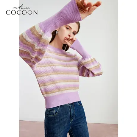 miss COCOON通勤上衣2023春新款女装气质圆领条纹设计感针织衫女商品大图