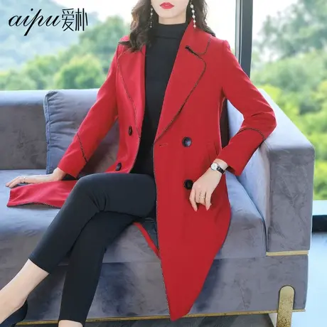 爱朴大码毛呢外套女2021秋冬新款胖mm显瘦韩版宽松红色大衣中长款商品大图