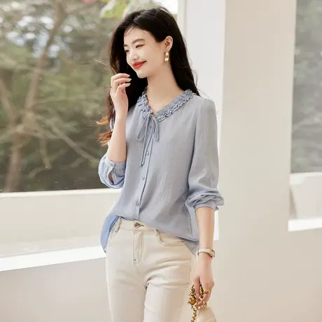 时尚气质花边长袖衬衫2023年春季新款女温柔宽松显瘦V领通勤上衣图片