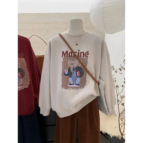 ins超火加绒加厚无帽圆领卫衣女秋冬季宽松韩版百搭长袖上衣外套商品大图