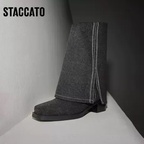 思加图冬季新款黑色裤管靴长筒靴高筒靴加绒时装靴女ETN04DS3商品大图