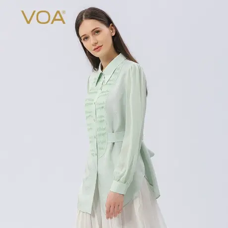 VOA真丝提花POLO领乔其长袖腰间绑带塔克褶印花圆弧摆桑蚕丝衬衣图片