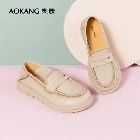 奥康女鞋 秋季气质单鞋真皮乐福小皮鞋休闲平底舒适黑色百搭商品大图