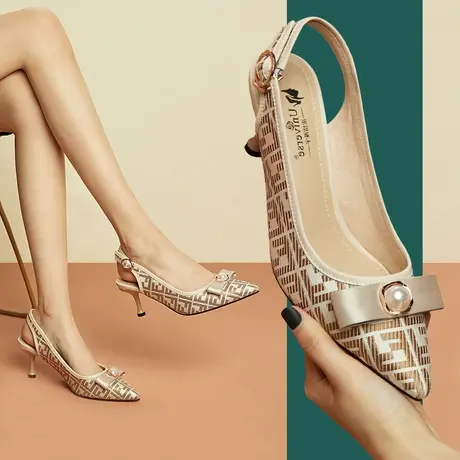 清仓尖头女鞋夏季女浅口珍珠蝴蝶结细跟凉鞋图片