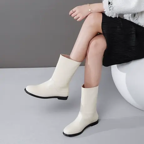 真皮靴子女短靴平跟头层牛皮马丁靴圆头一脚蹬秋冬欧美新款中筒靴商品大图