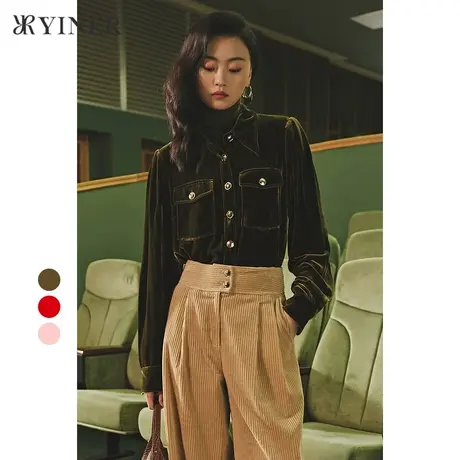 *【1996系列】YINER音儿女装冬季口袋拼接丝绒衬衫商品大图