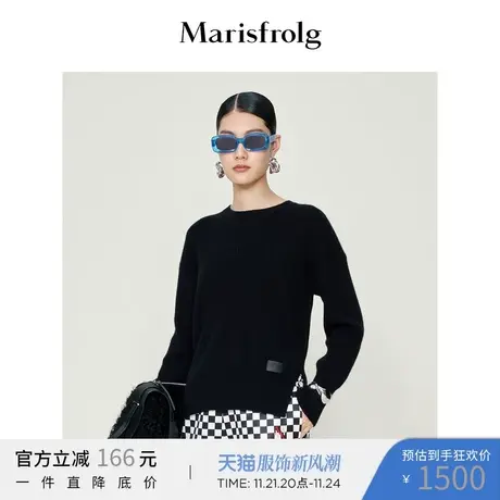 【商场同款】玛丝菲尔冬季新款黑色山羊绒下摆开叉毛针织衫图片