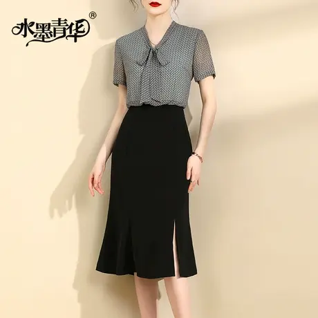 水墨青华2024夏装新品时尚假两件套装优雅修身印花乔其拼接连衣裙商品大图