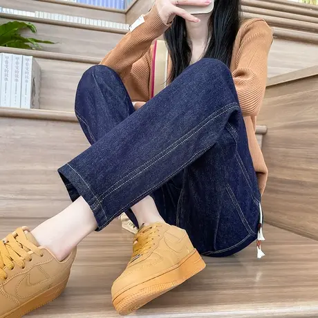 九分直筒牛仔裤女2024年春秋季深蓝色显瘦小个子高腰哈伦老爹裤子商品大图