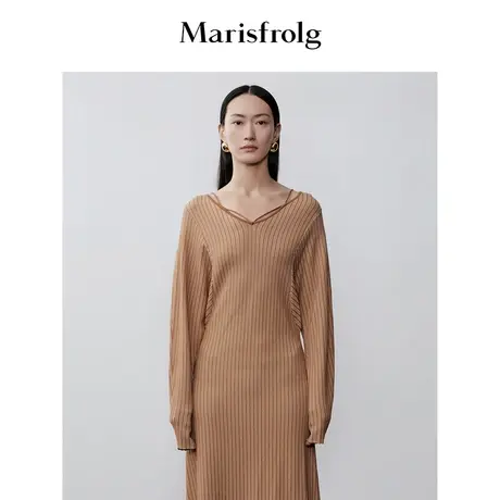 【商场同款】玛丝菲尔2023年秋季新款浅咖色蝙蝠袖收腰针织连衣裙商品大图