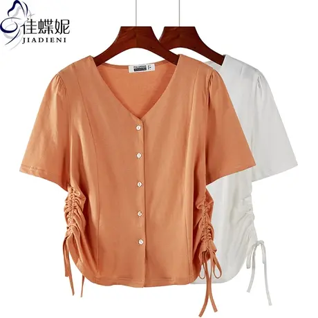 夏季新款韩版V领开衫纯棉修身纯色短款抽绳短袖体恤上衣内搭女装商品大图