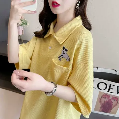 小众设计感短袖t恤女夏季韩版宽松大码女装中长款翻领华夫格上衣商品大图