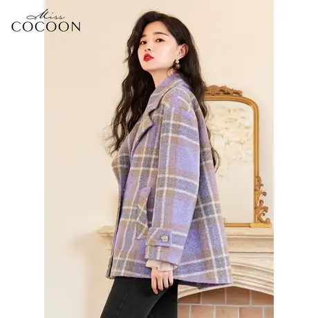 MISSCOCOON复古格子毛呢外套女2022新款冬装宽松西装领短款大衣商品大图