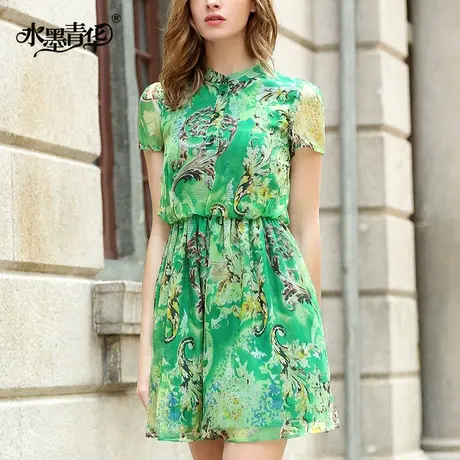 水墨青华夏季新品女装气质优雅修身收腰短袖印花连衣裙图片