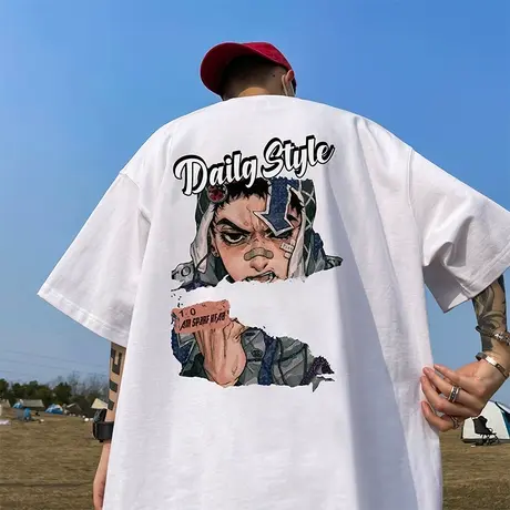 2023年夏季男士纯棉t恤美式潮牌印花短袖圆领T恤潮流宽松休闲上衣商品大图