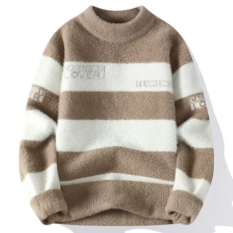 撞色条纹毛衣男士冬季半高领打底针织衫男加厚保暖内搭套头毛线衣商品大图