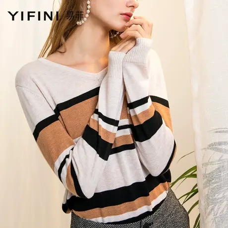 Yifini/易菲冬新款长袖V领宽松短款条纹毛衫女羊毛针织衫上衣图片