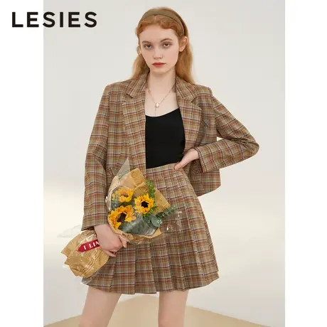 LESIES蓝色倾情春季格子修身英伦风小个子长袖短款西装外套女图片