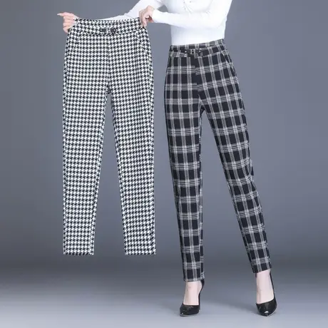 格子裤女2023新款春秋哈伦裤大码弹力显瘦小脚裤中年女裤妈妈裤子商品大图