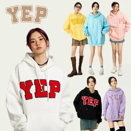 yep美式复古连帽白色卫衣女春秋外套小众潮牌oversize情侣上衣商品大图