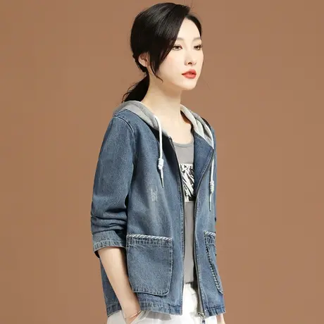 韩潮袭人韩版拼接连帽百搭牛仔外套女2024春季新款宽松休闲棒球服图片