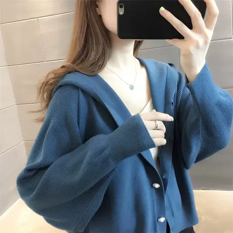 2023秋季新款韩版宽松短款连帽针织衫女开衫纯色蝙蝠袖毛衣外套潮图片