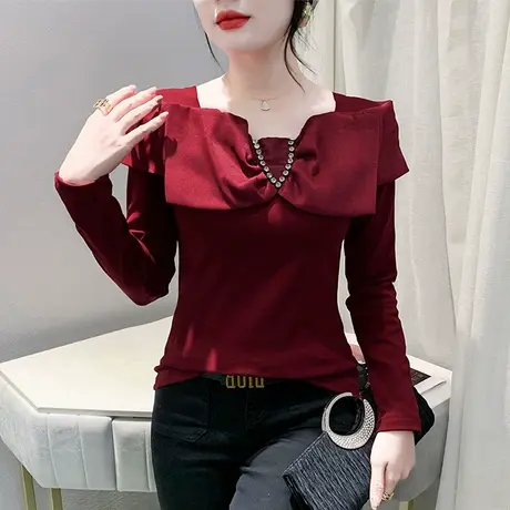 秋季一字领T恤女长袖性感烫钻蝴蝶结拼接上衣洋气修身百搭打底衫图片