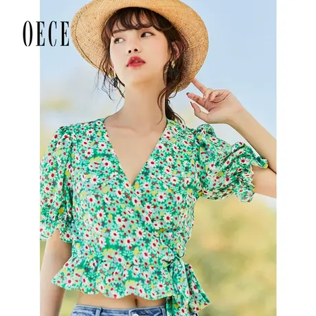 Oece设计感碎花上衣夏装新款女装显白法式V领泡泡短袖衬衫图片